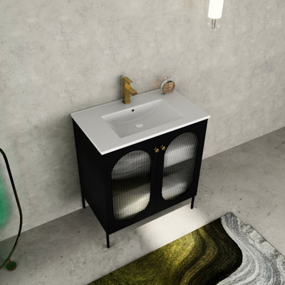 Meuble-lavabo de salle de bain autoportant de 30 po avec armoire en acier et céramique de 30 po, lavabo, structure laminée à froid et deux portes de style moderne avec tablettes en métal, poignées en métal, noir