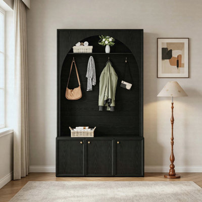 Hall Tree MDF Farmhouse Entryway Storage Bench with Adjustable Shelves, Arched Design & Golden Hooks Coat Rack Organizer