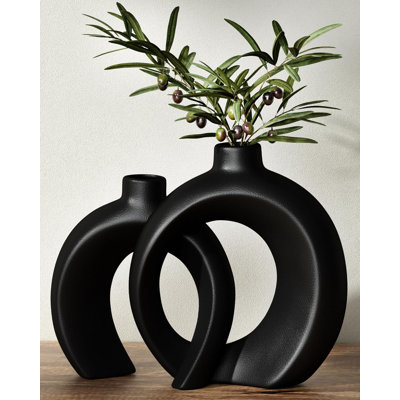 Set Of 2 Matte Black Donut Vases
