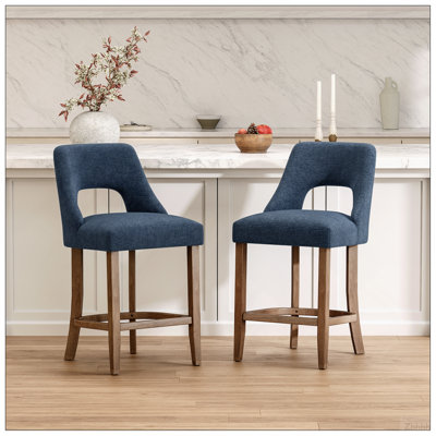 Ensemble de 2 tabourets de bar, tabourets de bar rembourrés à hauteur de comptoir, tabourets de comptoir modernes avec pieds en bois pour îlot de cuisine, bleu marine