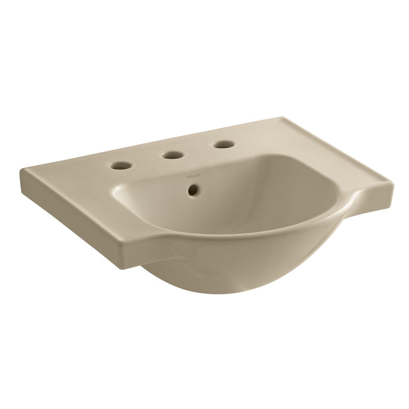 Veer Ceramic Pedestal Bathroom Sink with Overflow, Mexican Sand, 8.04" H x 21" L x 18.25" W, 8" Centers