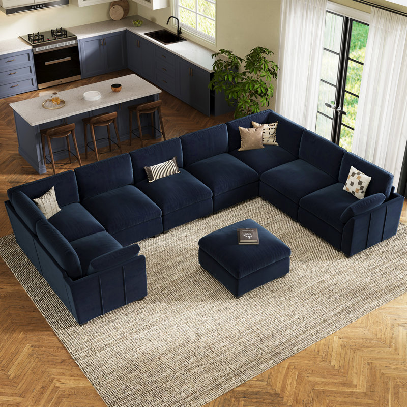 Knaack Oversized U Shaped 169.3'' Wide Sectional Sofa Velvet & Plush Livingroom Couch, Blue Velvet