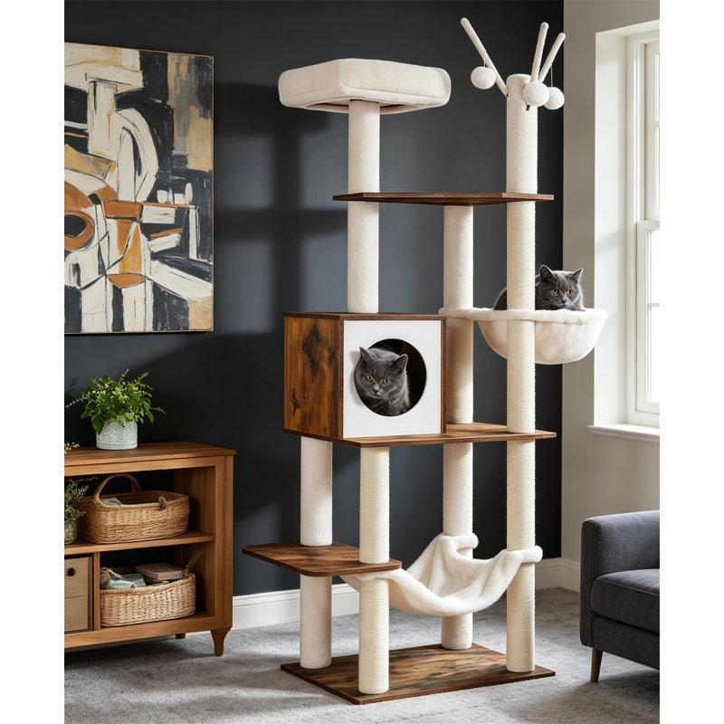 Arbre à chat 66,1 po en bois avec poteaux à griffer, hamacs et condo pour chats d'intérieur, Brun rustique