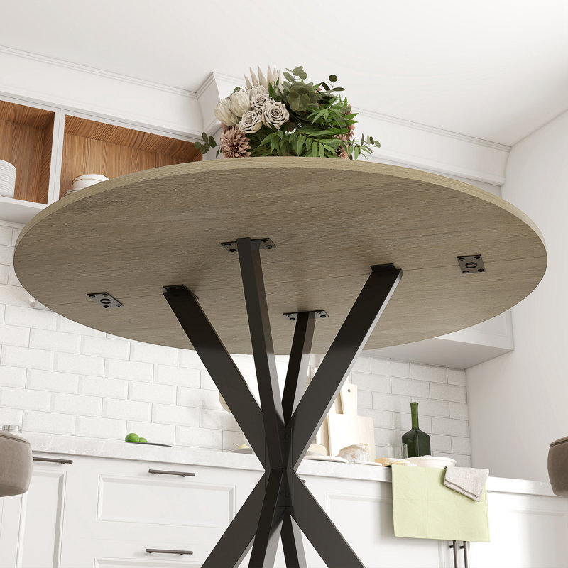 HOMCOM 80cm Round Dining Table, Small Industrial Cross, Oak Wood, Black