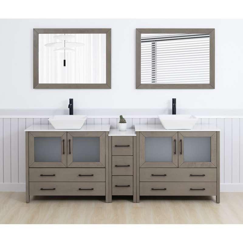 84" Double Bathroom Vanity with Engineered Marble Top with Mirror, Driftwood Gray, Matte Black