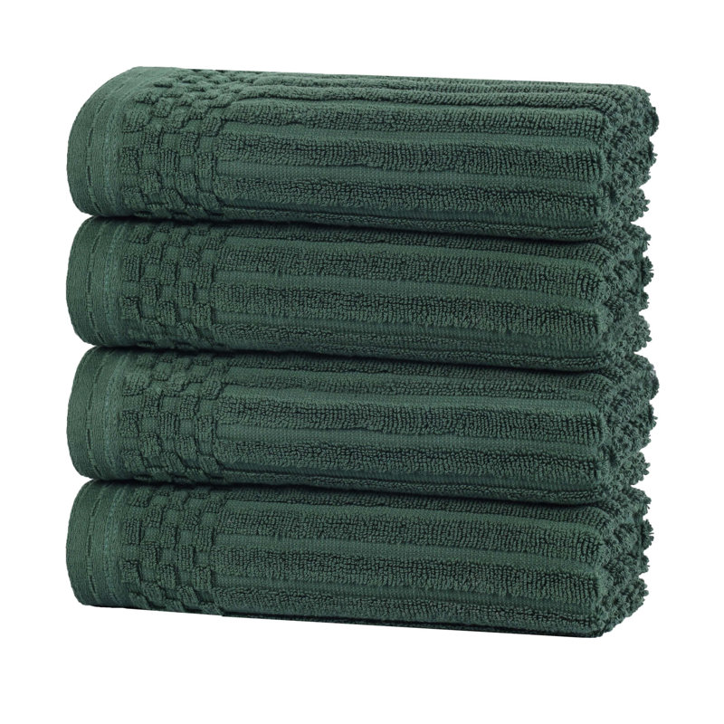 Soho Spa Highly Absorbent Cotton Checkered Border Towel Collection, Hand Towel 4-Pack, Forest Green