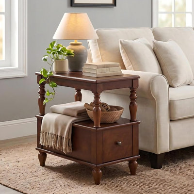 Table de bout avec rangement Wexford, compartiment de rangement dissimulé, armoire et tiroir rabattables, table de chevet traditionnelle avec placages de merisier et de bouleau, table d'appoint en bois d'hévéa massif pour le salon et la chambre à coucher
