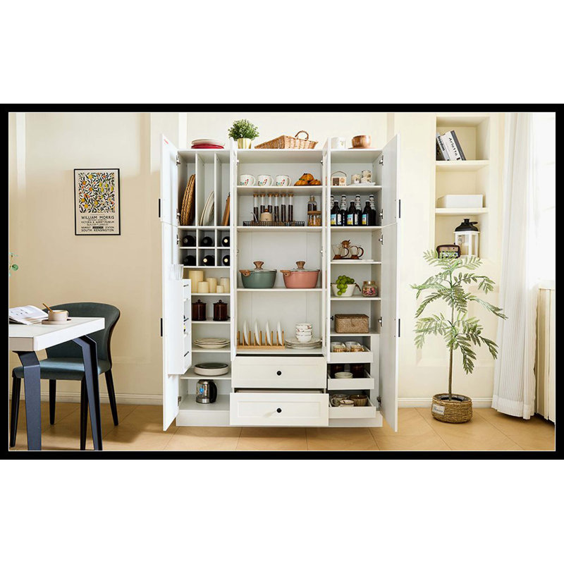 [Vidéo d'assemblage disponible] Grand garde-manger moderne avec 6 portes, armoire de rangement de 53,2 po x l 17,7 po avec tiroirs, tablettes réglables, plateaux coulissants et support à vin pour la salle à manger, blanc