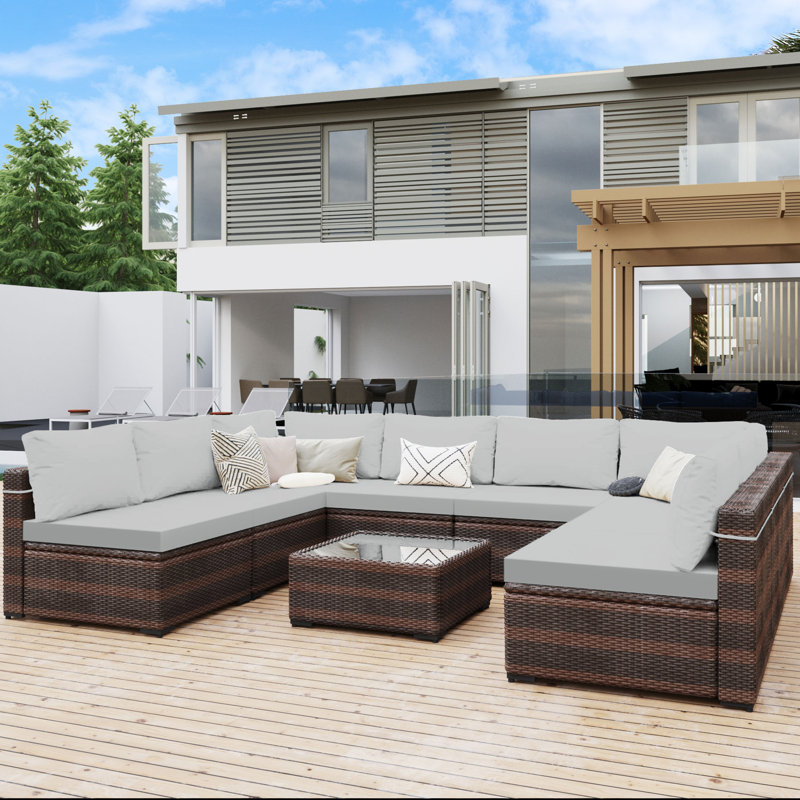 Ensemble de conversation modulaire avec coussins 9 pièces Rosaelena, Brown, Beige