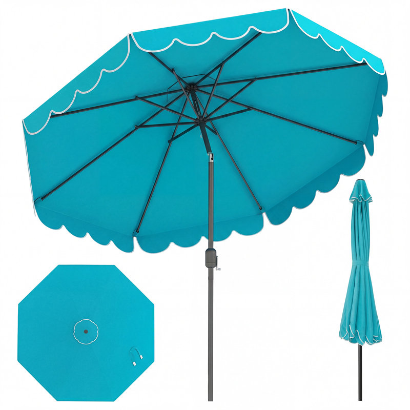 Parasol de patio 10 pi avec réglage de l'inclinaison de la manivelle et volants avec dessus ventilé et 8 nervures, Bleu