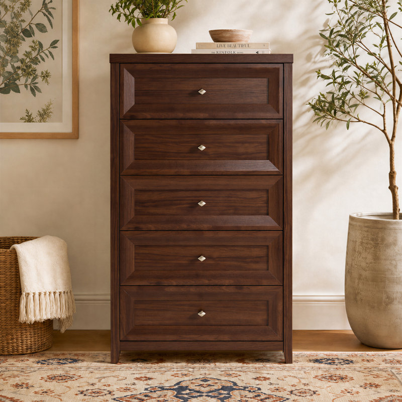 Acero 76.2cm W Farmhouse 5-Drawer Chest, Full Recessed Panel Detailing with Diamond Knobs, Mahogany Brown