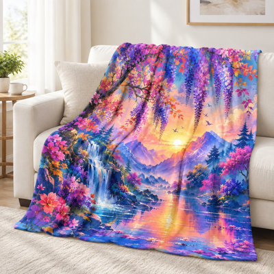 Vibrant cascade et couverture Wisteria - paysage pittoresque, couleurs coucher de soleil, floral rêveur, confortable, léger, respirant, toutes saisons, doux pour la peau, décoratif, pour canapé, canapé, salon, chambre à coucher