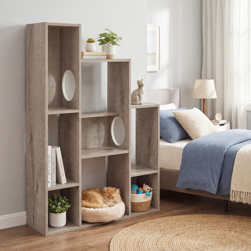 Étagère à chat autoportante de 80 cm (31,5 po) avec 8 compartiments de rangement et 2 trous, grise, Grey