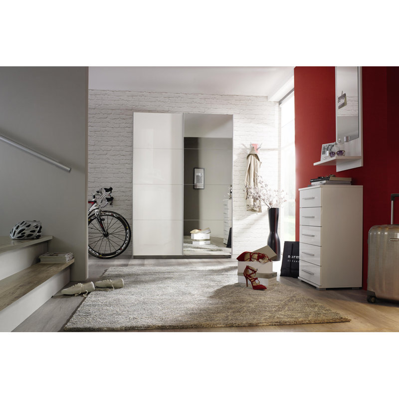 Minosa 2 Door Sliding Wardrobe, 197cm H x 136cm W x 48cm D, Basic: 7 shelves, 1 clothes rail (pull-out clothes