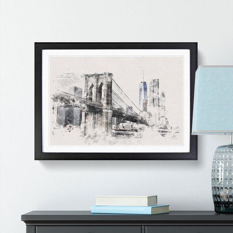 Brooklyn Bridge in New York - Picture Frame Graphic Art Print, Black Framed, 36cm H x 48cm W x 2cm D