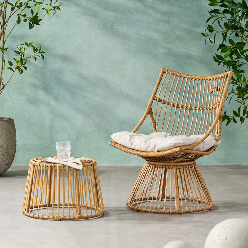 WICKER HIGH-BACK CHAIR With Side Table, Light Gray Cushion/Light Brown Frame