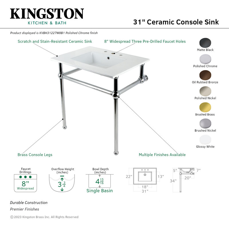 Kingston Brass Templeton 31-Inch Ceramic Console Sink with Brass Legs (8-Inch, 3-Hole), White/Brushed Nickel