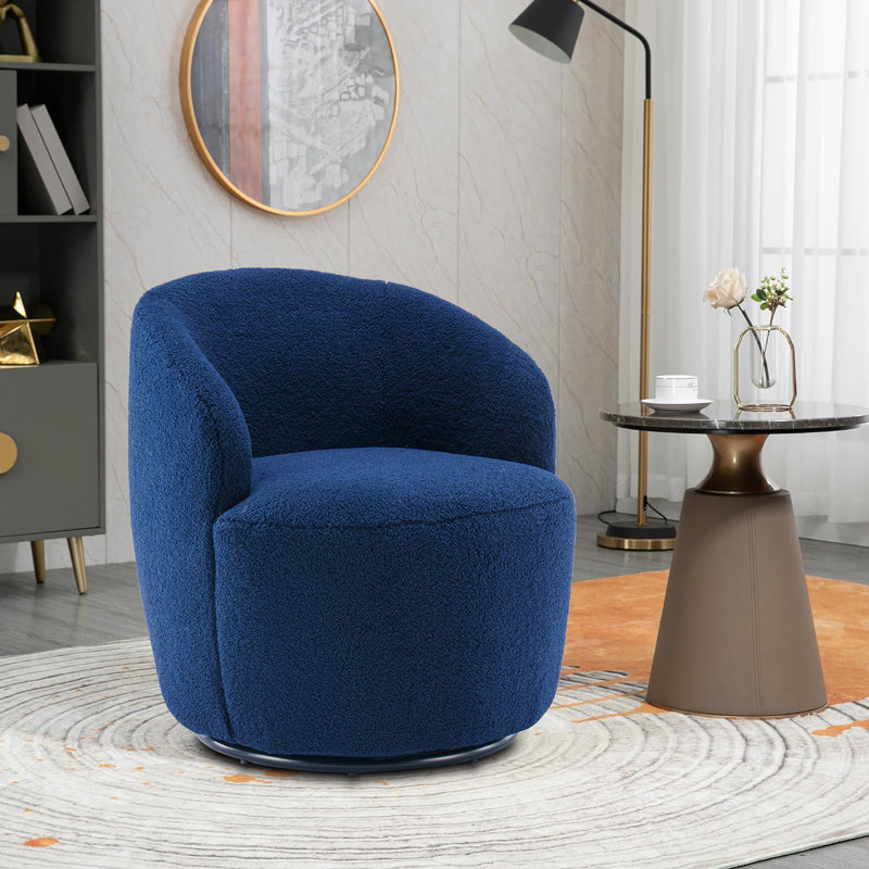 Swivel Accent Armchair Barrel Chair With Powder Coating Metal Ring, Ivory White Fabric