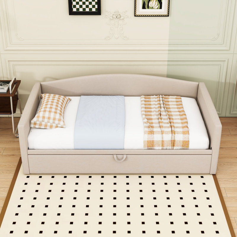 Lit de jour simple rembourré avec lit gigogne escamotable, Beige