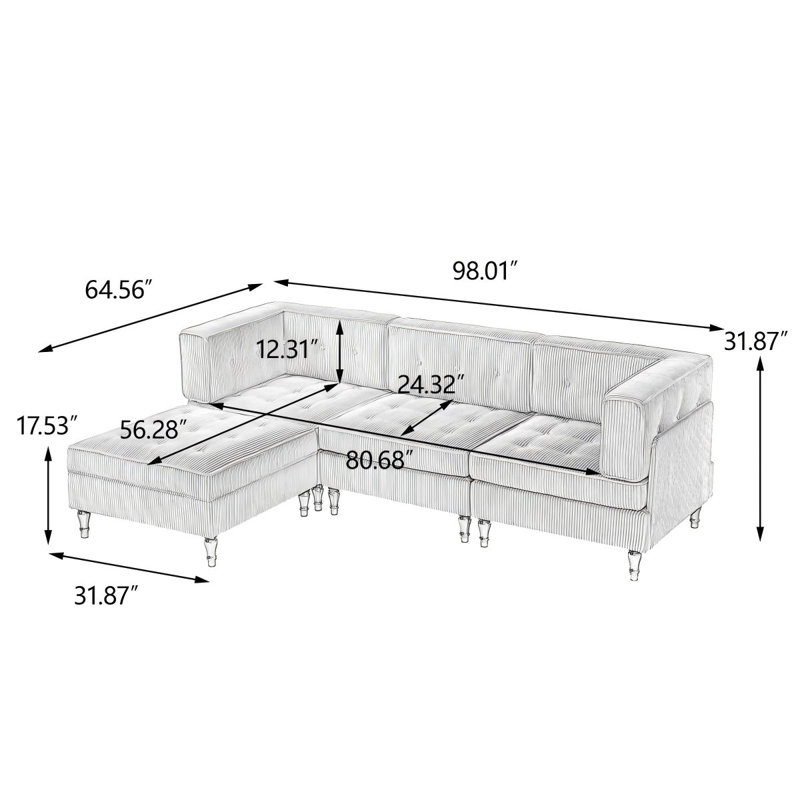 4 - Piece Upholstered Light Gray Tufted Corduroy Modular Sectional with Pillow Back and Removable Flip-Tray Top Storage Ottoman