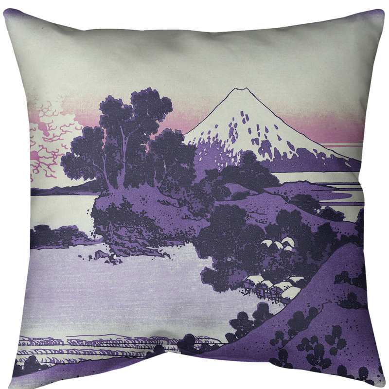 Coussin Katsushika Hokusai Shichiri, province de Sagami, 14 po x 14 po, Mauve / Rose, Polyester sergé