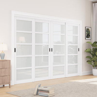 80" 5 - Lite Assembled Frosted Glass Double Sliding Closet Door with Hardware & Handles (No Assembly Required)