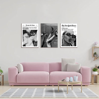 Trendy The New York Times, art mural 16 x 24, encadré en noir et blanc, élégantes affiches sur toile féministes, rétro, cocktail tendance, affiches de bar, chariot, journal, salon, ensemble mural, ensemble de 3