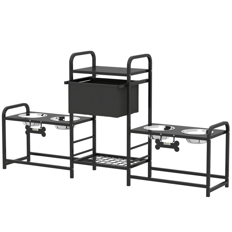 Support à 3 bols pour chien à hauteur réglable avec 2 postes d'alimentation, panier à jouets, noir