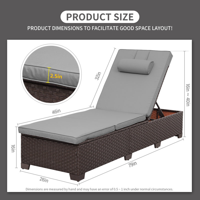 Chaise longue d'extérieur en osier l 26 po x P 79 po avec coussin et appui-tête, Gris