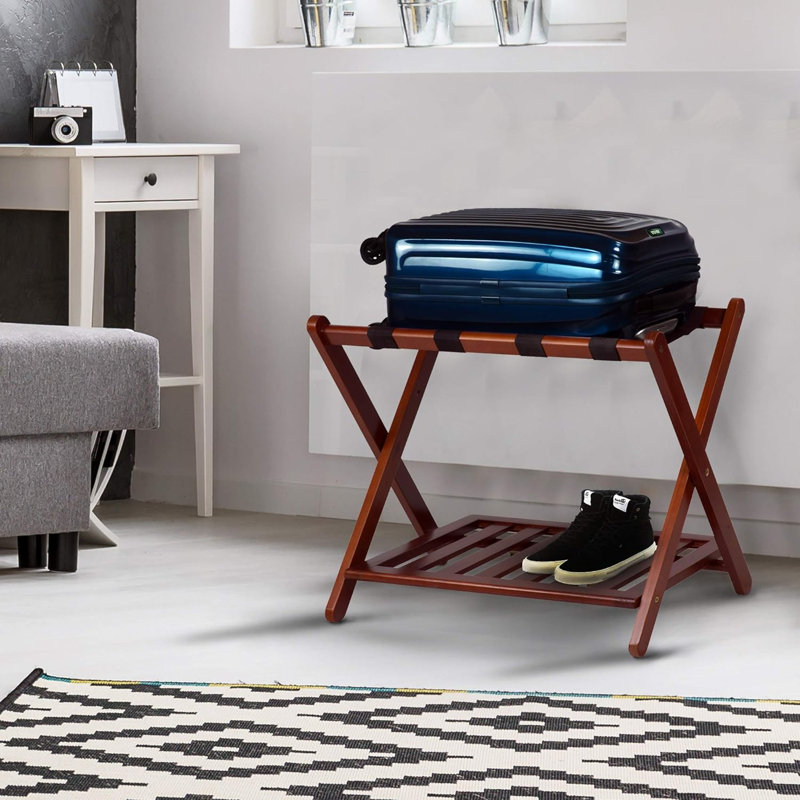 Rangement Valise Pliable En Bois - Porte-Bagages Avec Étage Inférieur - 68x58x40cm