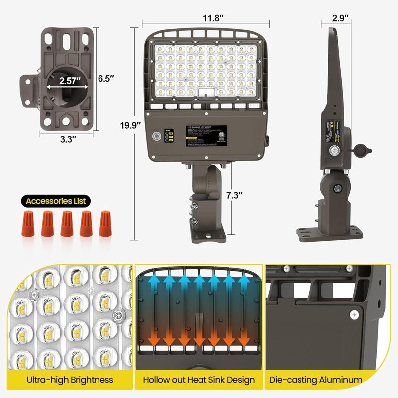 Luminaire commercial à DEL avec boîte à chaussures avec puissance sélectionnable 200W 180W 150W, 32000LM 5000K à intensité variable, photocellule crépuscule à l'aube, IP65 imperméable 100-277V pour les stationnements, comprend un support de fixation 2-en-1