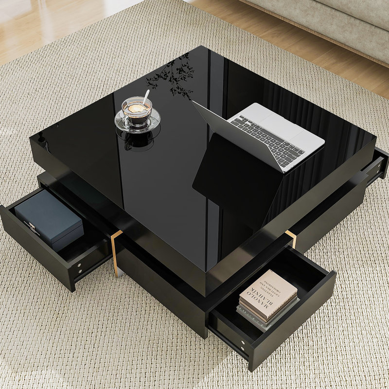 Table basse moderne ultra brillante avec 4 tiroirs, table basse carrée, Noir