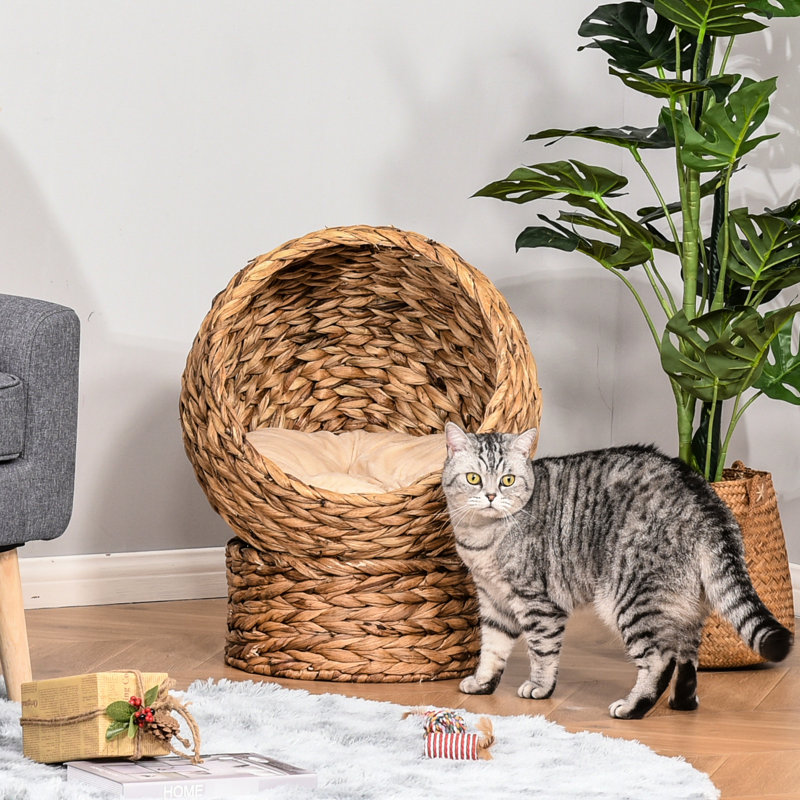 Lit pour chat surélevé à la main, coussin moelleux et panier rotatif, zone captivante pour chat, zone de confort brun,
