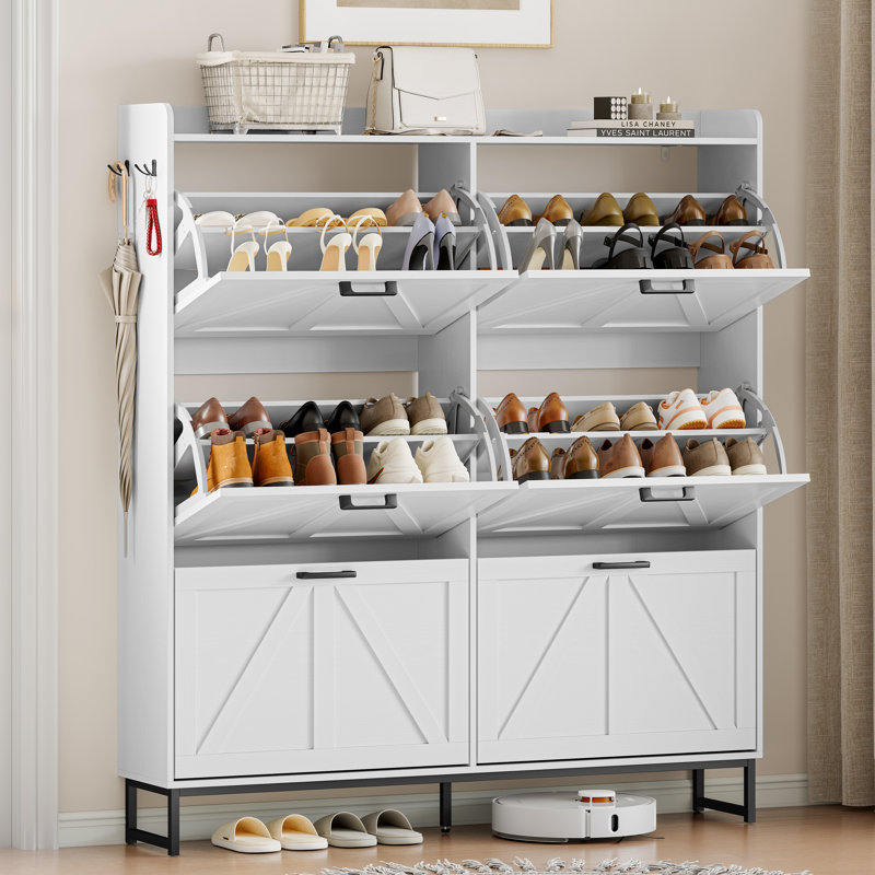 Three-tier large-capacity adjustable shoe cabinet with flip-out drawers and removable shelves, featuring a modern minimalist design.