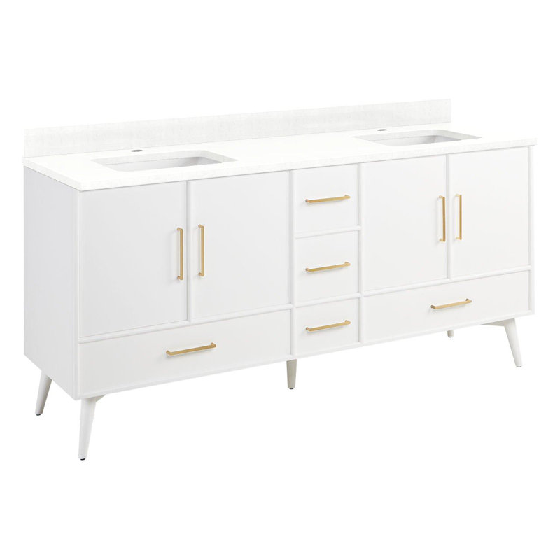 72" Novak Double Bathroom Vanity Set with Rectangular Undermount Sinks, White, Single-Hole, Feathered White Quartz