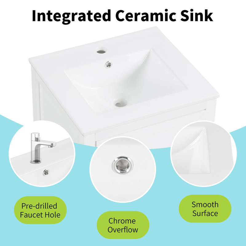Meuble-lavabo de 20 po avec lavabo, armoire de salle de bain avec porte à fermeture douce, support de rangement et tiroir