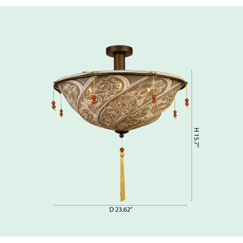 Traditional 4-Light Brown Patterned Fabric Lighting Fixture