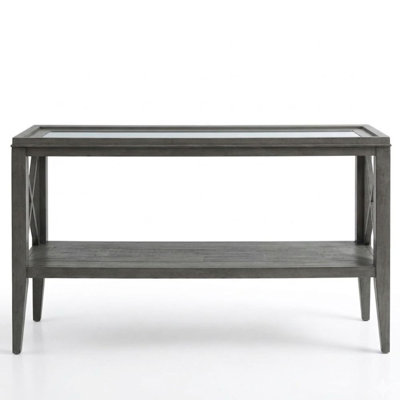 Glint 54 In. Gray Rectangular Glass Console Table With Wood Shelf And X-Sides