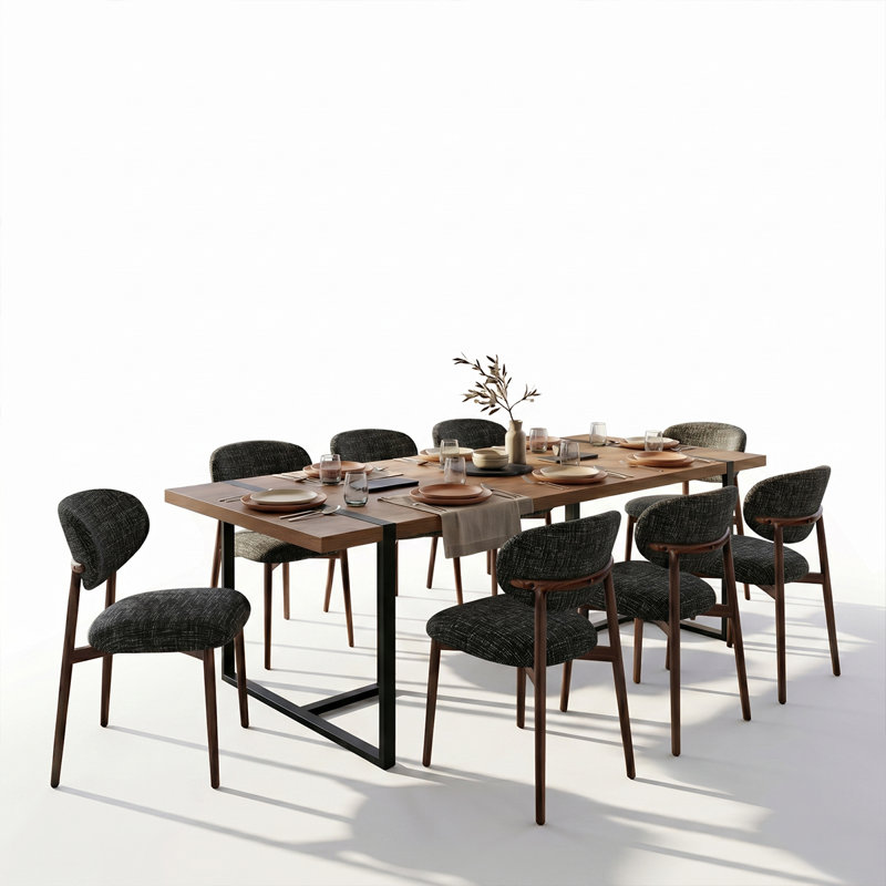 79" Rectangular Dining Table Set For 8 With Upholstered Dining Chairs, Black