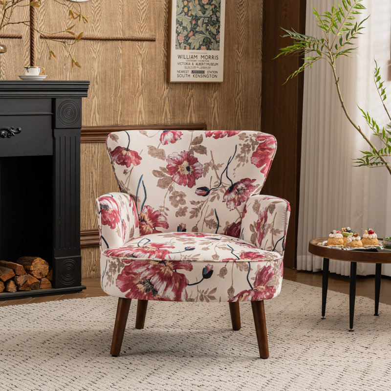 Fauteuil rembourré avec accents floraux Mid Century Modern, Rouge