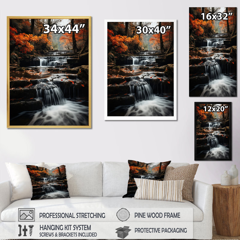 «Waterfall Dancing Cascades I» - art mural cascade, Cadre simple noir, H 20 po x l 12 po x P 1 po