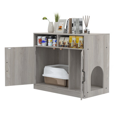 Wooden Cat Litter Box Enclosure Cabinet, Multi-Purpose Hidden Cat Washroom Furniture with Storage Compartments, Side Cat Entrance for Indoor Cats