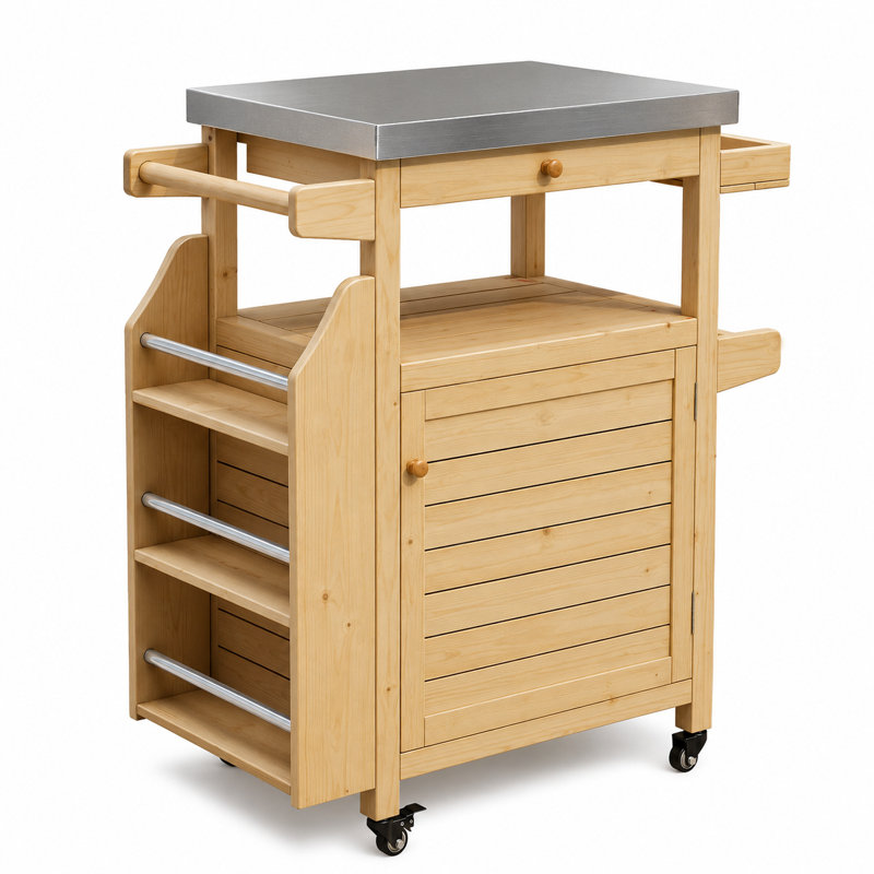 Outdoor Bar Cart with 304 Stainless Steel Top, Solid Wood Storage Cabinet, Side Spice Rack and Lockable Wheels for Patio Prep and Grilling