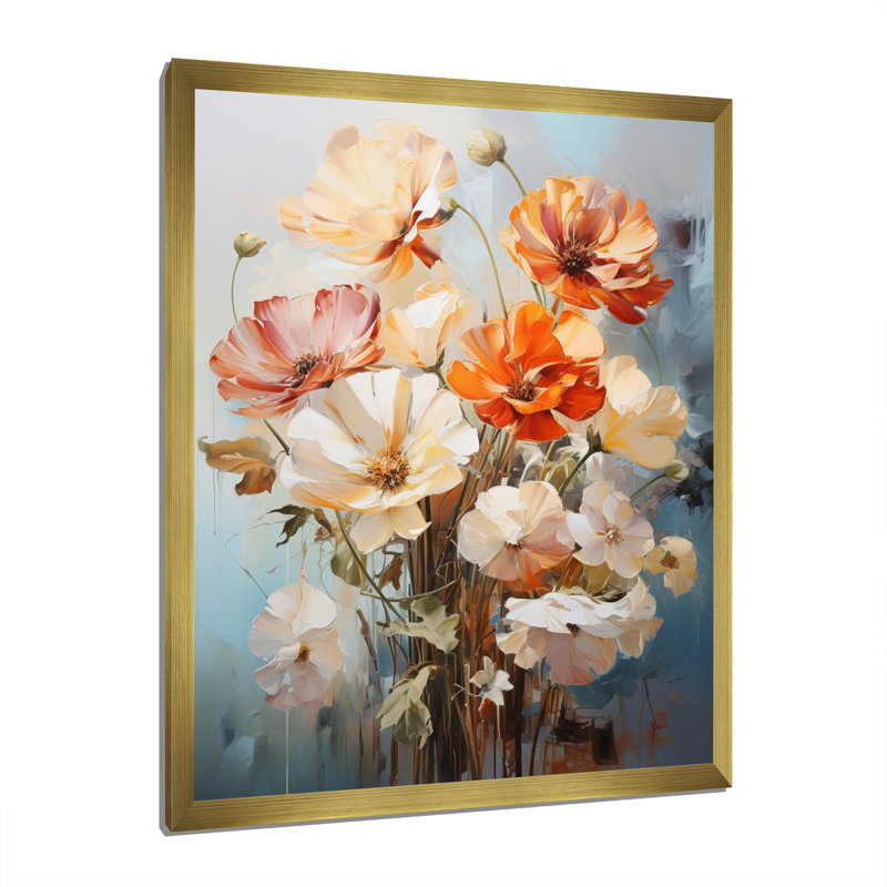 «White and Peach Daisies Romantic II», reproduction d'art sur toile florale, H 32 po x l 16 po x P 1 po, Encadrement doré