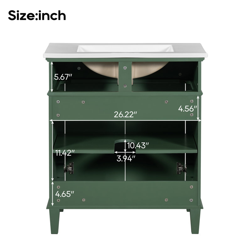 Meuble-lavabo moderne avec lavabo en céramique, porte à fermeture douce et tablettes réglables, blanc, Vert, Or