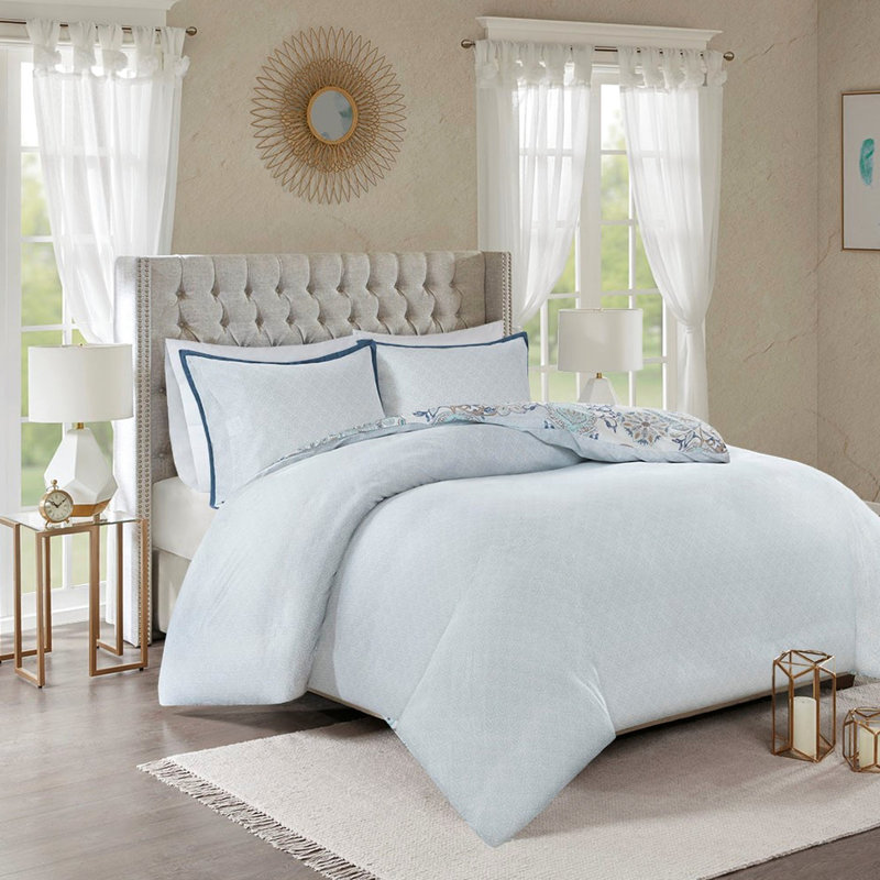 Housse de couette réversible très grand / très grand - imprimé botanique, motif en médaillon, revers bicolore, fermeture à boutons, literie réversible facile à nettoyer, motif inversé complémentaire,