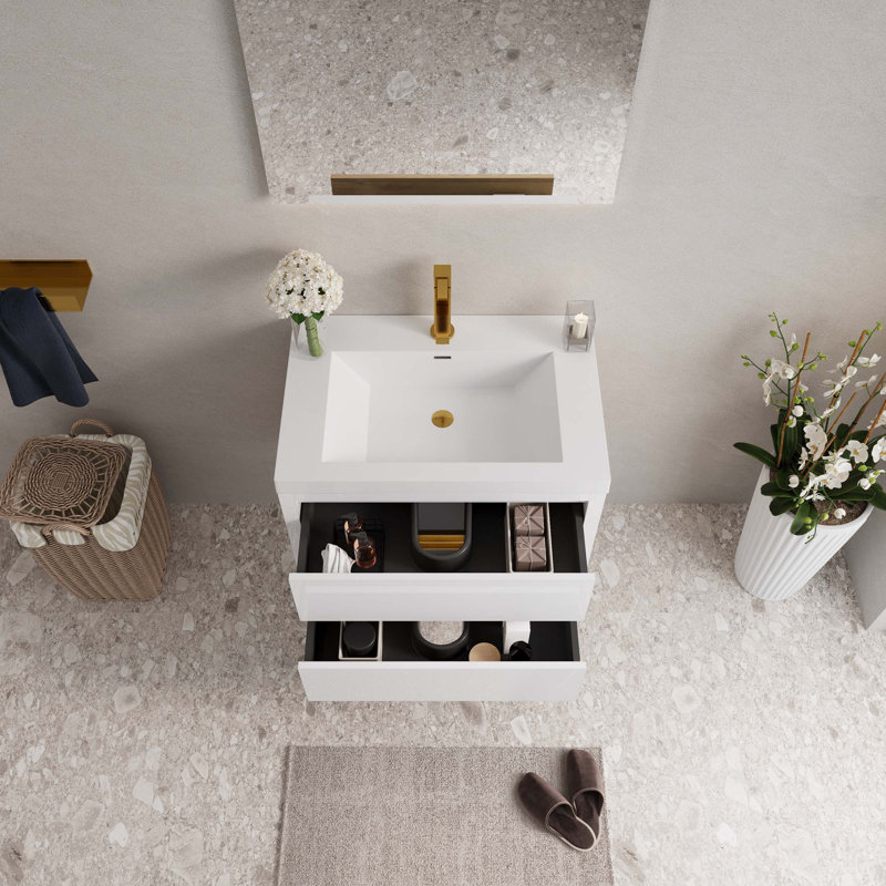 Meuble-lavabo mural avec lavabo, armoire de rangement flottante avec comptoir en résine de pierre et tiroirs à fermeture en douceur