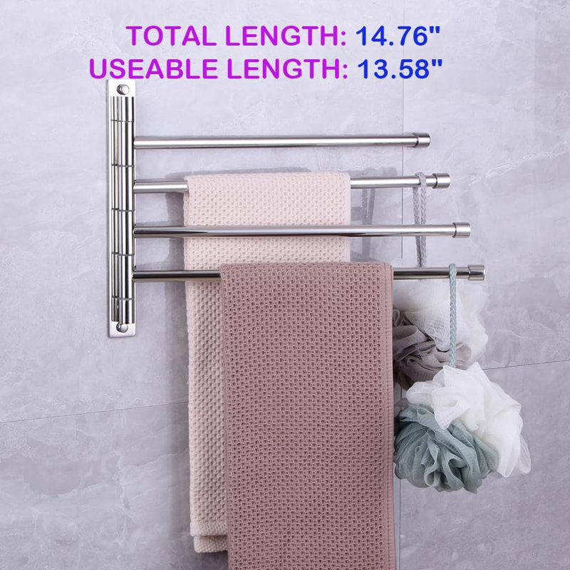 Porte-serviettes pivotant en acier inoxydable avec bras pliant à 4 barres, rotation de 180 degrés, porte-serviettes de salle de bain mural, finition polie, conception antirouille