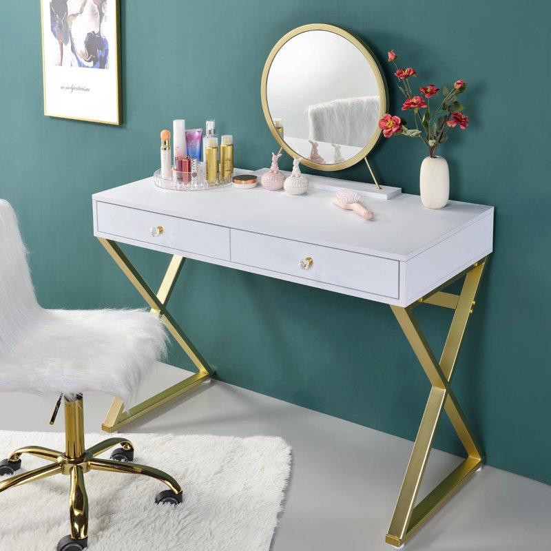 White And Gold Vanity Desk With Removable Mirror Jewelry Tray, Metal Frame, 2 Drawers For Storing Cosmetics Essentials