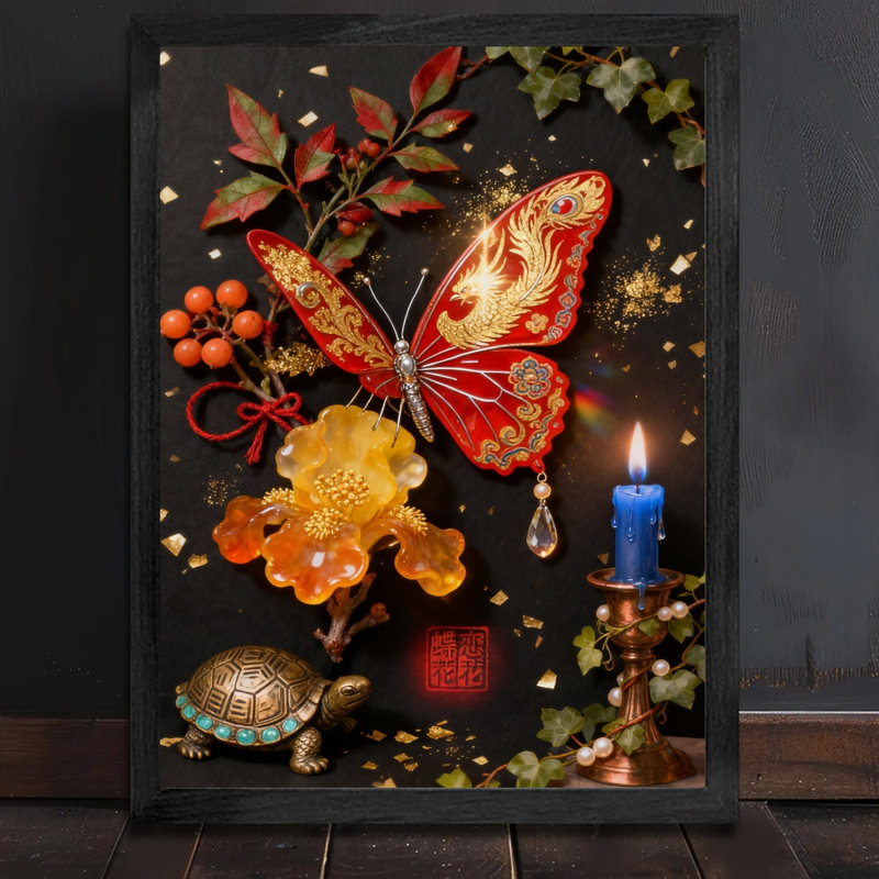 Art rétro encadré noir avec papillons brillants flottant fleurs et bougies, H 11 po x l 9 po